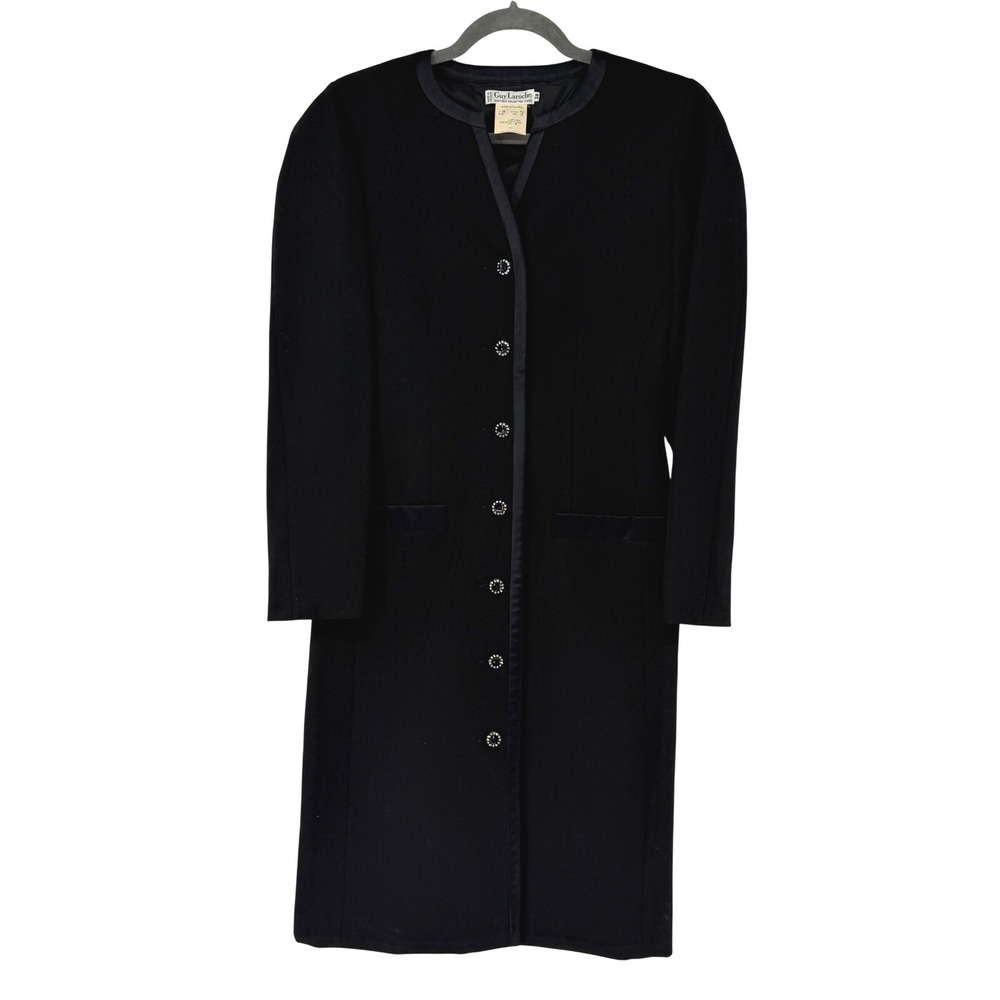 Guy Laroche Boutique Paris Vintage Wool Coat Black Rhinestone Button Size 8 38